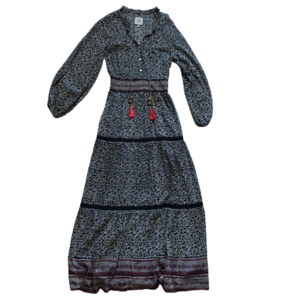 Bell Gracie Maxi Dress Womens Medium Navy Blue White Tasseled Tiered Long Sleeve